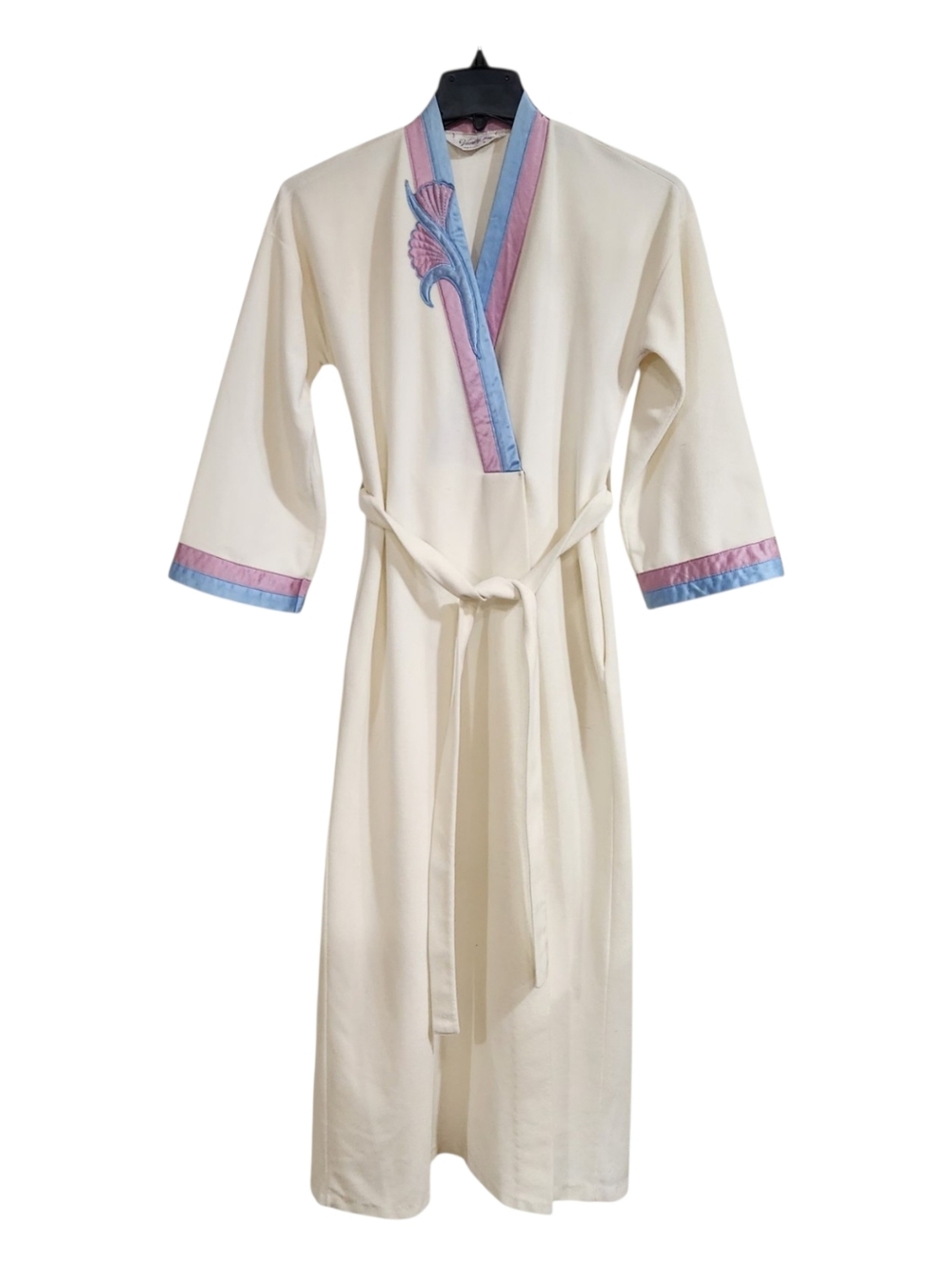 Vtg 70's Vanity Fair Robe Size P Ivory With Pastel Pink And Blue Satin Trim USA